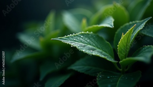 Sharp Macro Photography of Green Leaves with Dew and Dark Tones