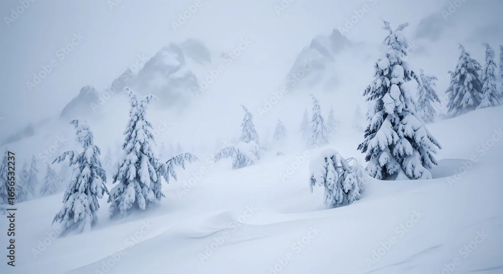 A serene winter landscape of snow-capped mountains. Several pine trees stand tall in the pristine white snow, creating a beautiful and pure atmosphere, perfect for designs seeking tranquility. A serene winter landscape of snow-capped mountains. Several pine trees stand tall in the pristine white snow, creating a beautiful and pure atmosphere, perfect for designs seeking tranquility.