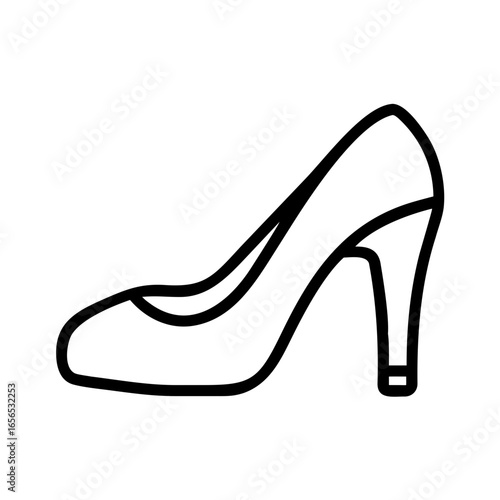 A simple line drawing of a black high heel shoe with a curved shape and a thick heel design element