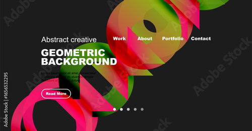 Abstract geometric design. Vibrant colors blend, creating dynamic background. Website header includes navigation options, text block, button.