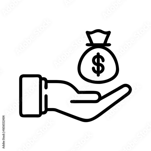 Hand holding a money bag with dollar sign in a simple outline drawing style on a white background