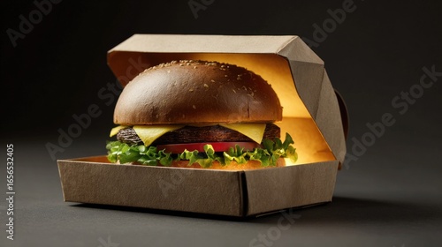 Illuminated burger in cardboard box on dark background