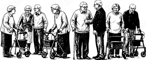 Group of elderly senior people with walking aids silhouette set large collection.