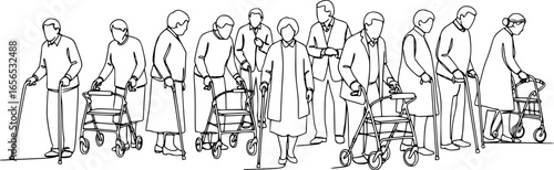 Group of elderly senior people with walking aids silhouette set large collection.