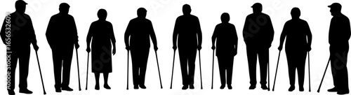 Group of elderly senior people with walking aids silhouette set large collection.
