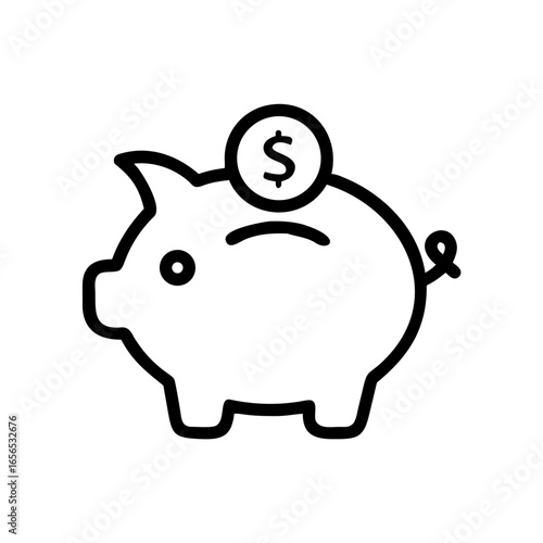 Outline drawing of a piggy bank with a coin on top symbolizing savings and financial planning concept