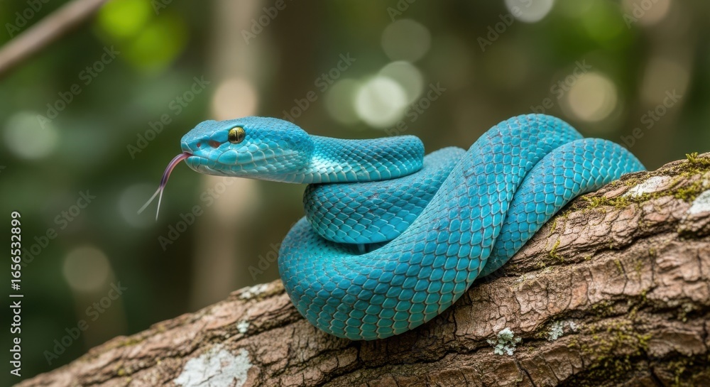 Fototapeta premium Bright Blue Pit Viper Perched on Tree Branch Tongue Flicking