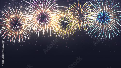 Many Colorful Exploding Fireworks In The Night Sky