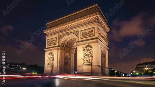 Stunning Timelapse of Illuminated Arc de Triomphe at Night with Light Trails from Passing Cars Creating Dynamic Scene in Paris