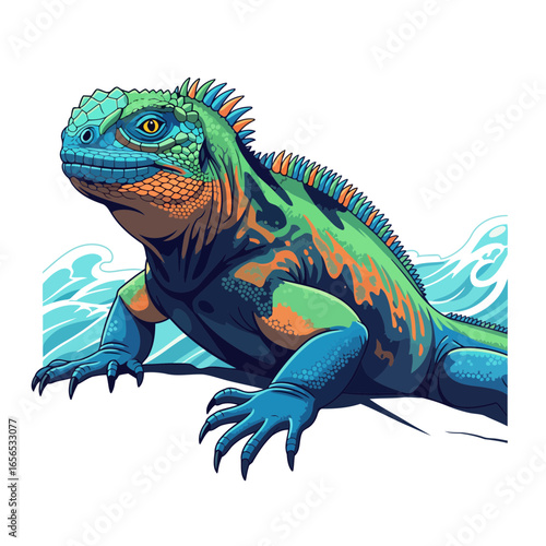 A striking 3D vector illustration of a marine iguana with vibrant colors and sharp lines, highlighting its unique beauty in a modern, aquatic environment.