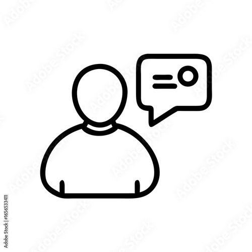 Icon showing person with speech bubble containing lines and circle representing communication and dialogue concept