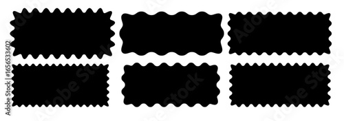 Wavy rectangular frames in black and white. Curved edges of tags, labels, stamps, and coupons with wavy edges. Isolated vector set on a white background. Minimalist flat design
