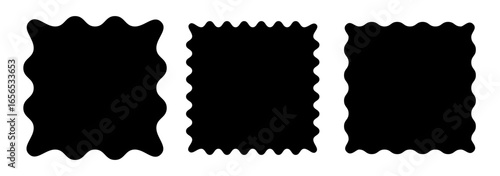 Square wavy frames in black and white. Wavy flat design. Curved edges of tags, labels, stamps, coupons with wavy edges. Isolated vector set on a white background