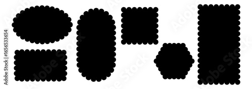 Monochrome oval frames with wavy edges. Vector set of zigzag shapes for tags, labels, coupons and stamps with curvy borders. Black and white flat shapes on white background