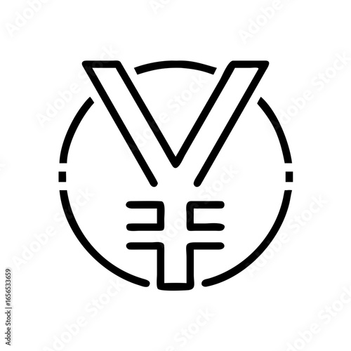 Yen symbol outlined in black with a circle around it on a white background, simple and minimalist style