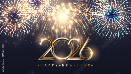 2026 New Year Text With Fireworks On Night Sky