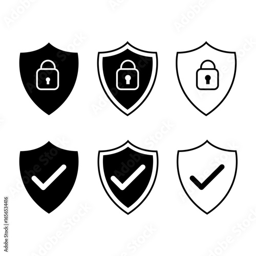 Vector illustration set of shield icons with padlock and check mark symbols in filled and outline styles representing security, privacy, protection, safety, verification, and digital defense design.