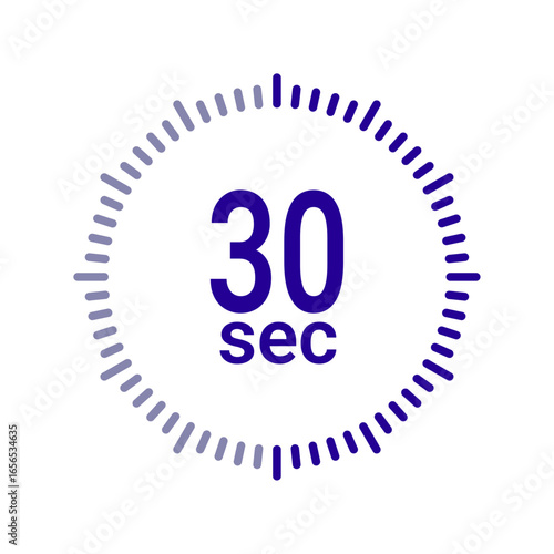 Vector illustration of a 30 seconds timer icon with circular countdown progress bar in blue, representing stopwatch, clock, countdown, loading, and time tracking.