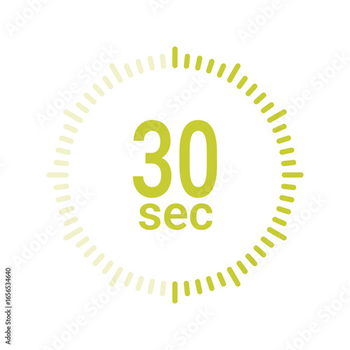 Vector illustration of a 30 seconds timer icon with green circular countdown progress bar, representing stopwatch, clock, countdown, fitness timer, and time tracking.