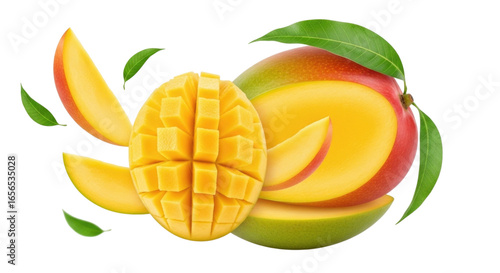 Fresh ripe mango sliced into pieces with green leaves on a transparent background, cutout PNG
