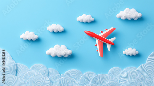 The scene shows flat lay design of travel concept with plane and cloud on blue background with copy space.

