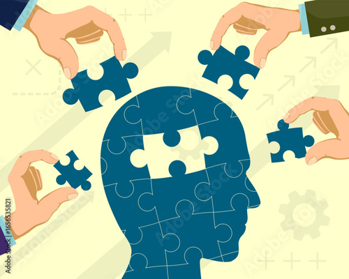 Hands holding puzzle pieces above human head. Vector illustration