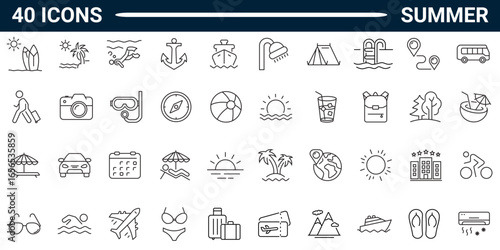 Summer line icon set. Includes holidays, beach, adventure, travel, summer camp. Editable stroke. Vector illustration