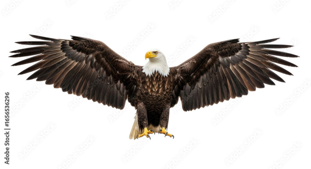 Fototapeta premium Bald eagle with outstretched wings in a dynamic pose on a transparent background, cutout PNG
