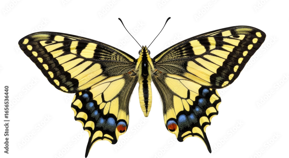 Obraz premium Colorful yellow and black butterfly with detailed wings isolated on transparent background, cutout PNG