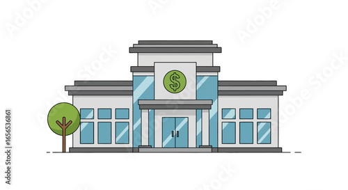 Illustration of a Bank Building with a Dollar Sign Symbol on the Facade