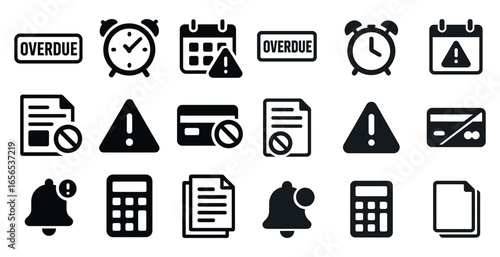 Overdue alert solid icons set – filled, warning, deadline reminder graphics
