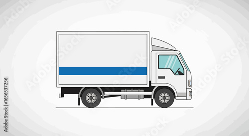 Side profile of a white delivery truck with a blue stripe. Commercial freight and logistics business transportation concept illustration.