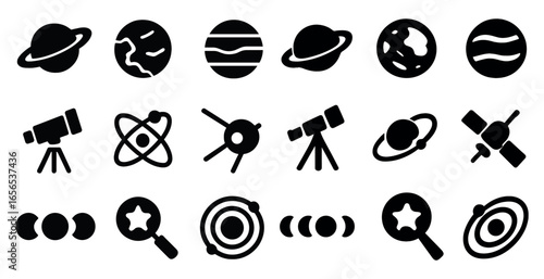 Astronomy and space icons set – silhouette, solid, celestial and cosmic elements