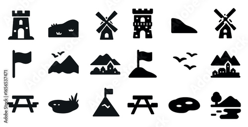 Landmark and nature silhouette icons set – solid, filled, travel and exploration symbols