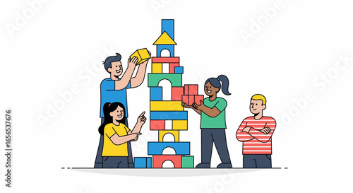 Creative team building a colorful tower with blocks, representing startup growth, collaboration, and joint achievement.