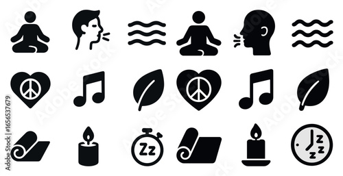Mindfulness and wellness solid icons set – outline, yoga, meditation symbols