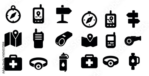 Navigation and adventure solid icons set – map, travel, explorer symbols