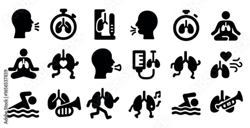 Respiratory health silhouette icons set – medical, solid, breathing symbols