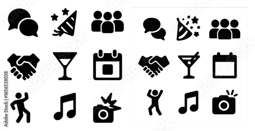 Party celebration solid icons set – festive, event, and fun symbols