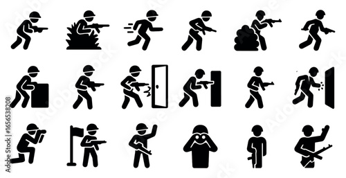 Military and combat silhouette icons set – filled, solid, army and war graphics