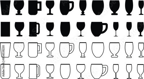Drinkware icon set, glass cup mug wine goblet beer collection in flat and line style, black silhouette group, bar utensil bundle, beverage container pack, drink synonym vector