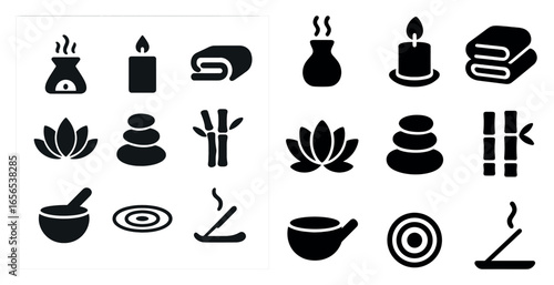 Spa and relaxation silhouette icons set – zen, wellness, therapeutic symbols