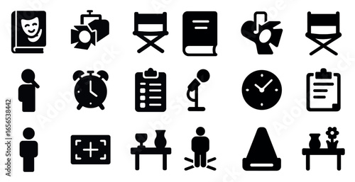 Theater and entertainment solid icons set – filled, silhouette, performance symbols