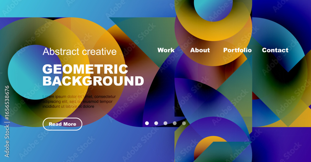 Fototapeta premium Abstract website design features vibrant overlapping circles, text, navigation menu. Modern aesthetic, blue gradient dominates composition.