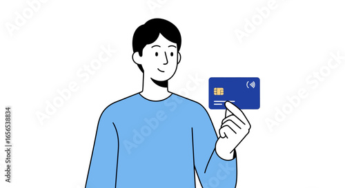Vector illustration of a young man holding a credit card. Concept for digital payment, online shopping, and personal finance.