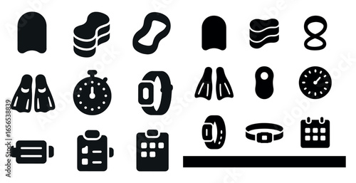 Diving and swimming icons set – solid, silhouette, water sports and aquatic symbols