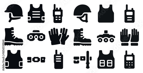 Tactical gear solid icons set – military, defense, combat symbols