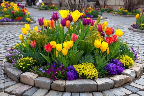 Colorful tulips blooming in circular urban garden, surrounded by cobblestone walkway, creating vibrant landscape within city park setting