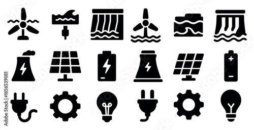 Renewable energy solid icons set with growth, eco power, and sustainability symbols