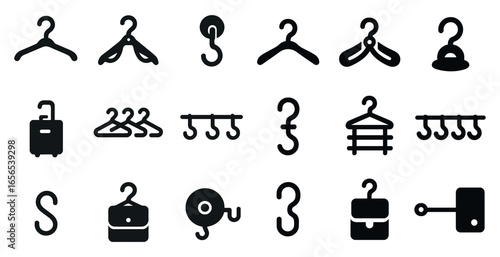 Clothing and accessory solid icons set – hangers, wardrobe, storage solutions